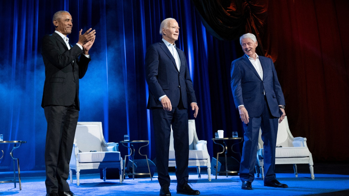 President Biden, center, on stages with former Presidents Obama (left) and Clinton (right)