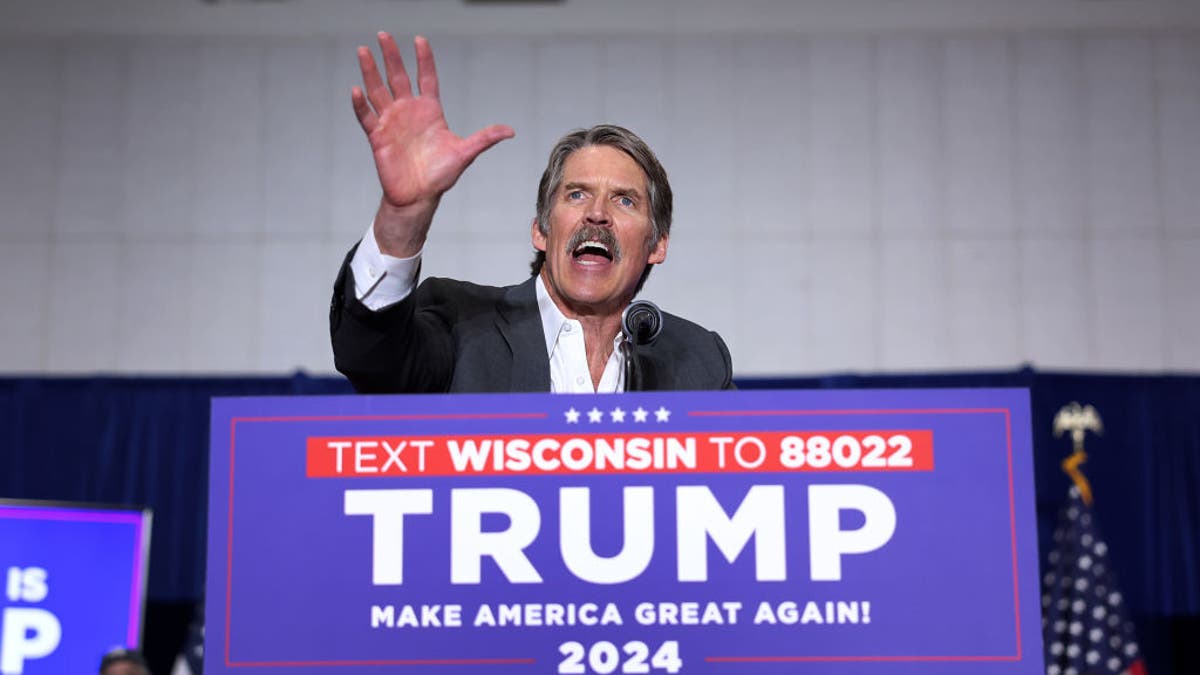 GOP Senate candidate Eric Hovde speaks during Trump rally.