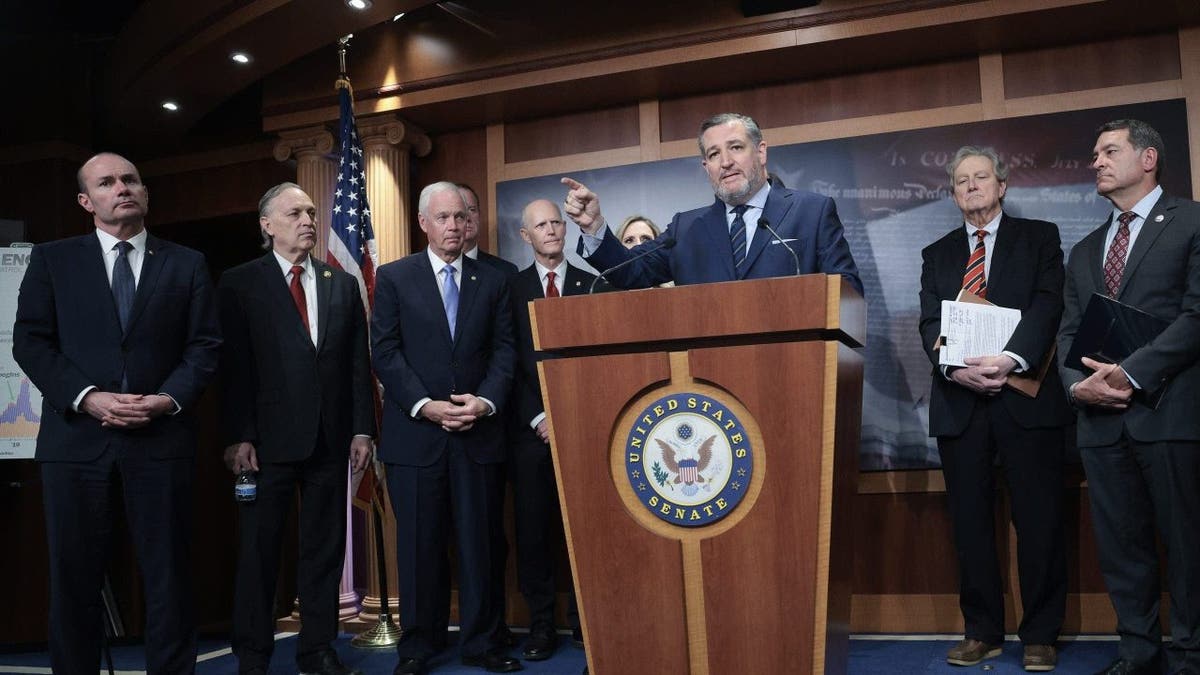 Republican Sens. at press conference, Ted Cruz speaking at podium