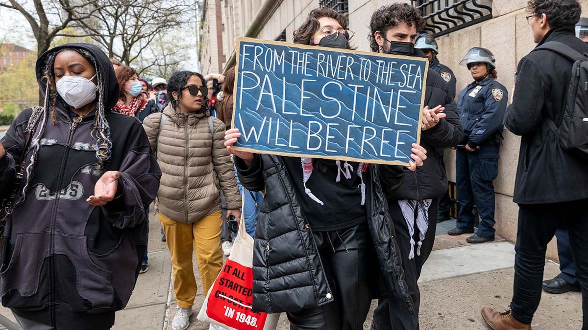 A protesters holds a sign in support of Palestinians.