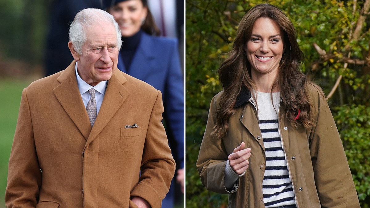 Uma imagem dividida lado a lado do rei Carlos III e Kate Middleton
