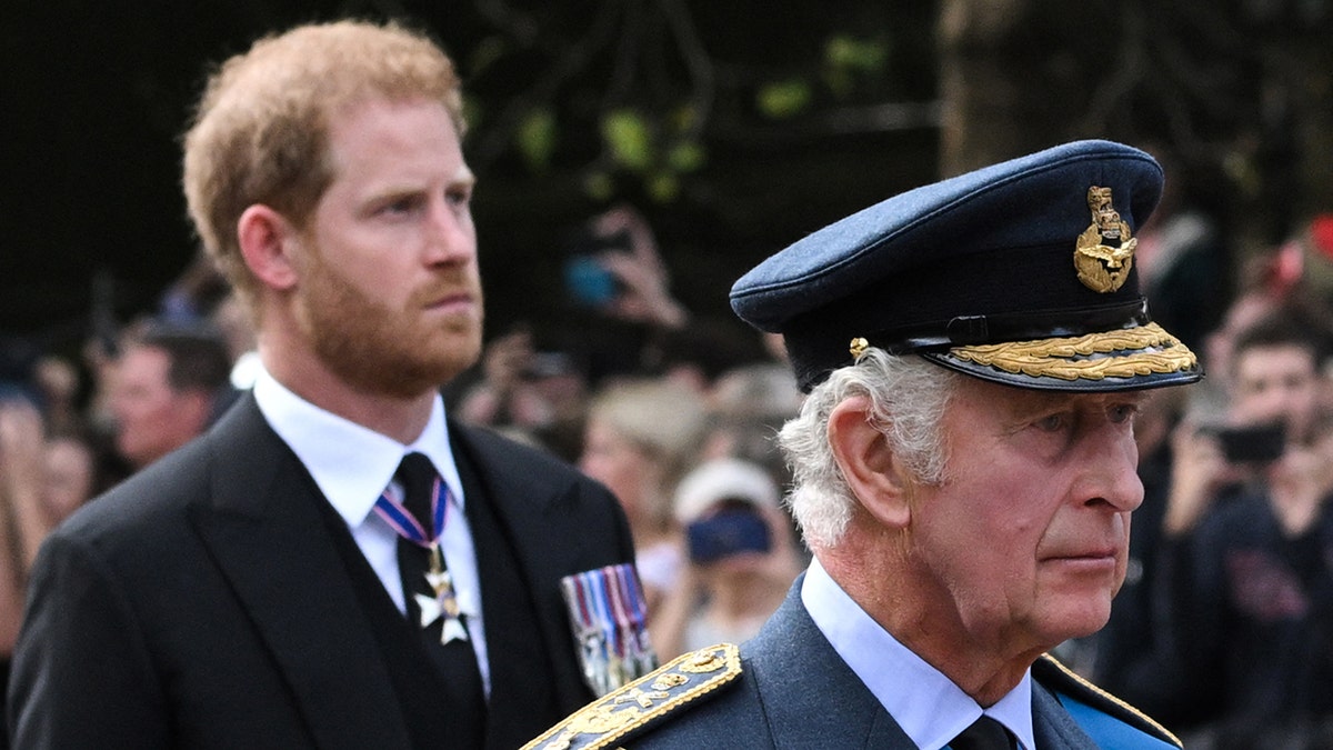 Prince Harry and King Charles looking somber in formal wear