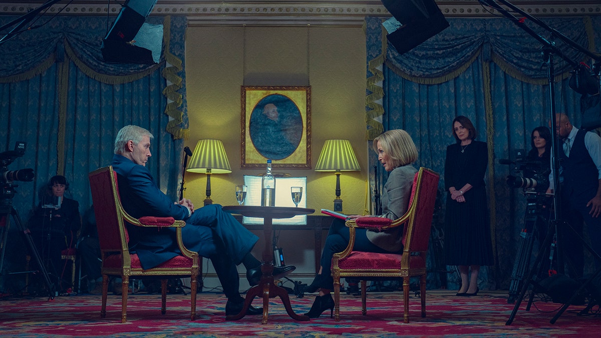 Rufus Sewell as Prince Andrew and Gillian Anderson as Emily Maitlis in a scene from Scoop