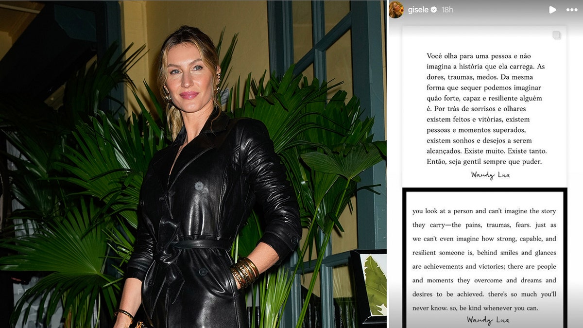 Gisele Bundchen posing in black side by side a screenshot of her recent Instagram post
