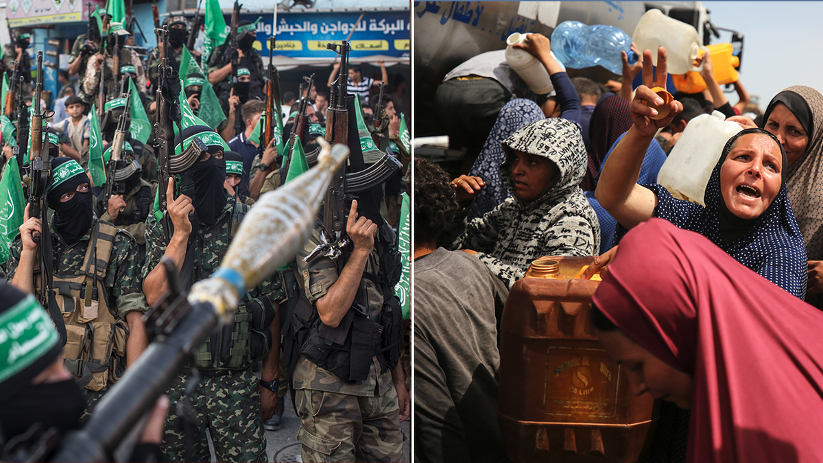 Hamas terrorists and Gazans split image