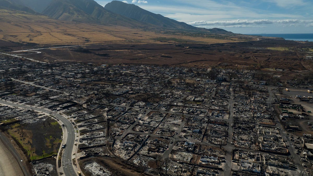 Blocks of burned buildings in the aftermath of a wildfire are seen in Lahaina, Hawaii.