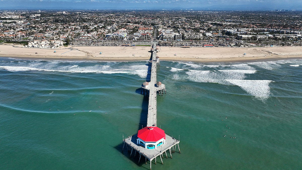 Huntington Beach pier seen in aerial shot