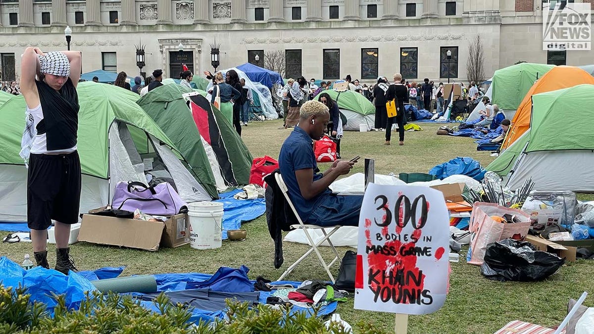 Anti-Israel agitators relax wrong an encampment group up connected nan West Lawn astatine Columbia University successful New York City