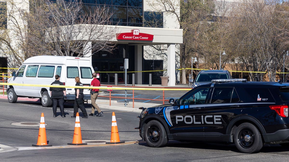 A police vehicle is parked outside Saint Alphonsus Regional Medical Center