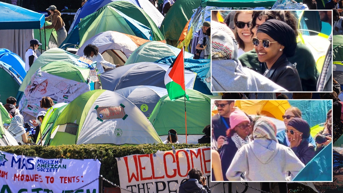 main image: anti-Israel encampment; insets: Ilhan Omar with daughter 