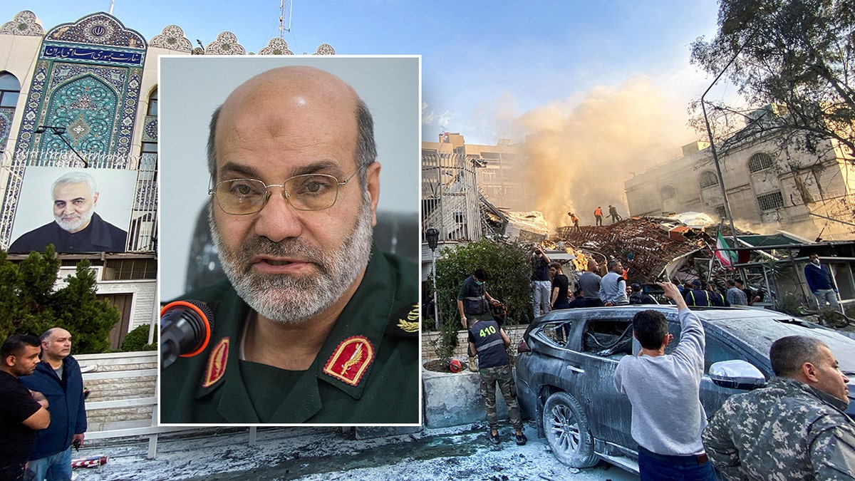 Iranian Revolutionary Guards commander Mohammad Reza Zahedi with background of aftermath of airstrike in Syria