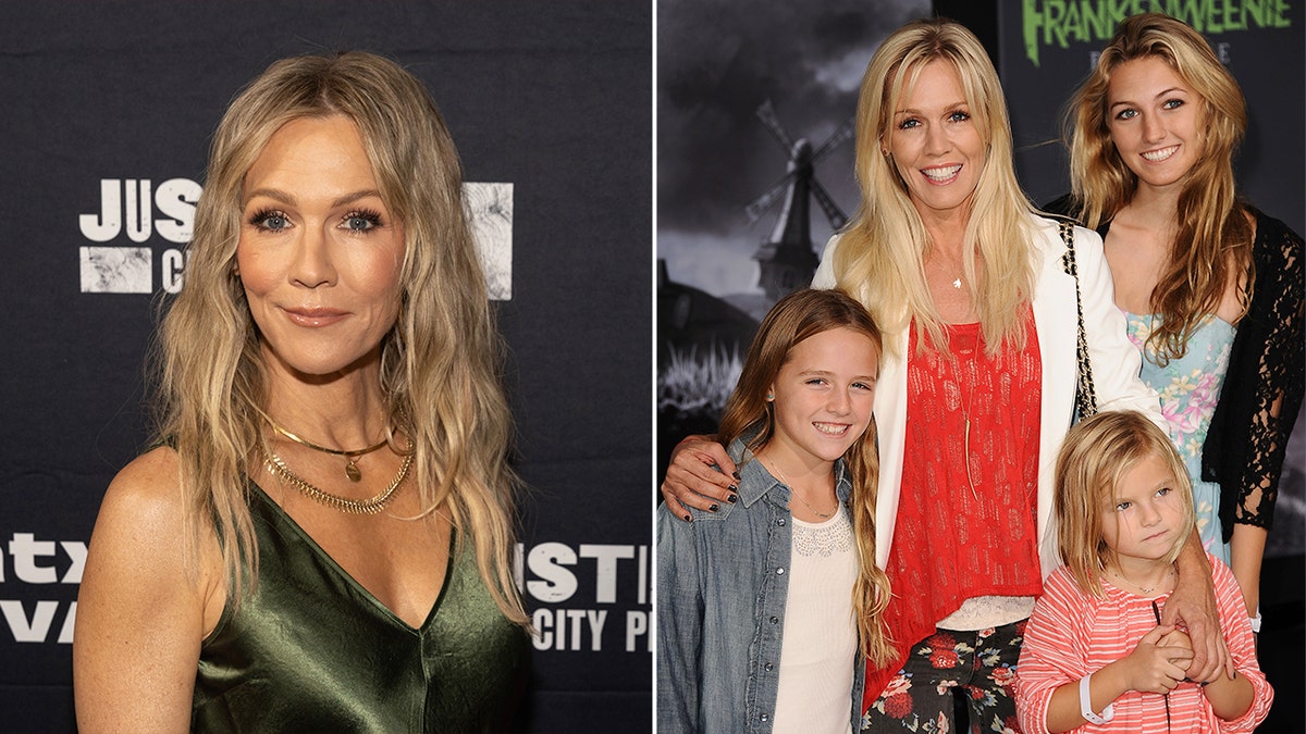 Jennie Garth side by side a photo of Jennie Garth with her daughters, Luca, Lola, and Fiona