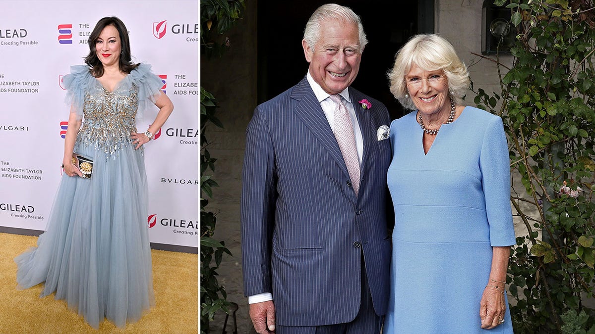 Fotos lado a lado de Jennifer Tilly e Rei Carlos III com a Rainha Camilla