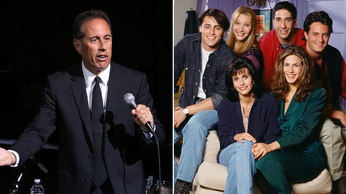 Jerry Seinfeld on stage split with photo of "Friends" cast