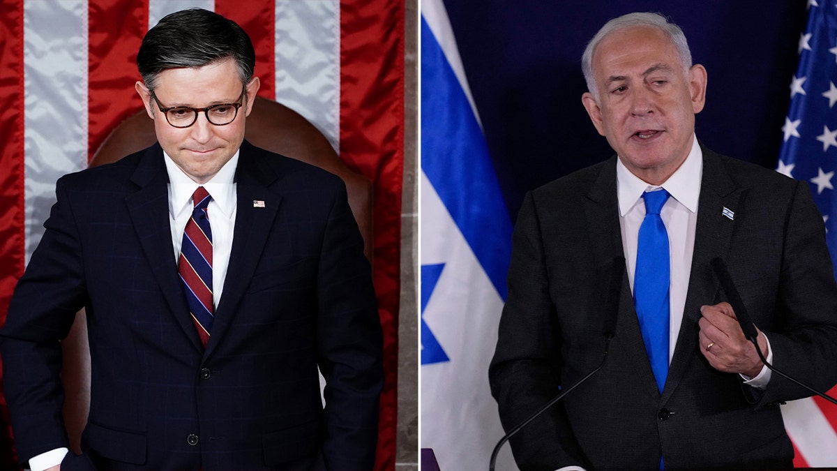 A split image of Speaker Mike Johnson and Israeli Prime Minister Benjamin Netanyahu