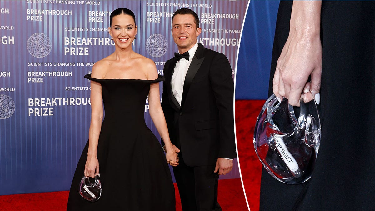 Katy Perry holding clear purse with Orlando Bloom beside an inset close up of the clear purse that says KP6: TOP SECRET