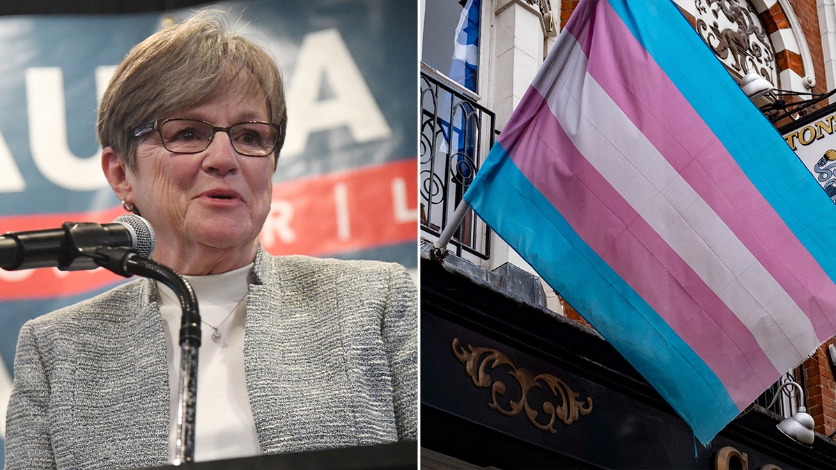 Gov. Laura Kelly, D-Kansas, left; right: transgender flag