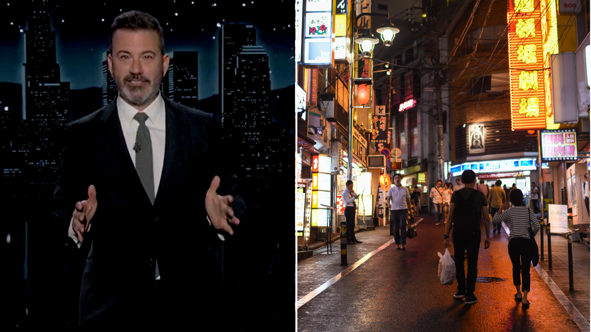 Kimmel and an image of a clean, well lit street in Japan