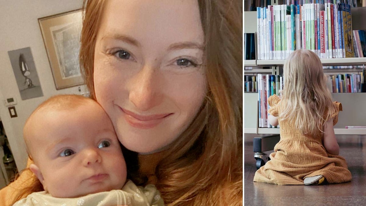 Split image of Kaylee, her baby, and her girl astatine a library