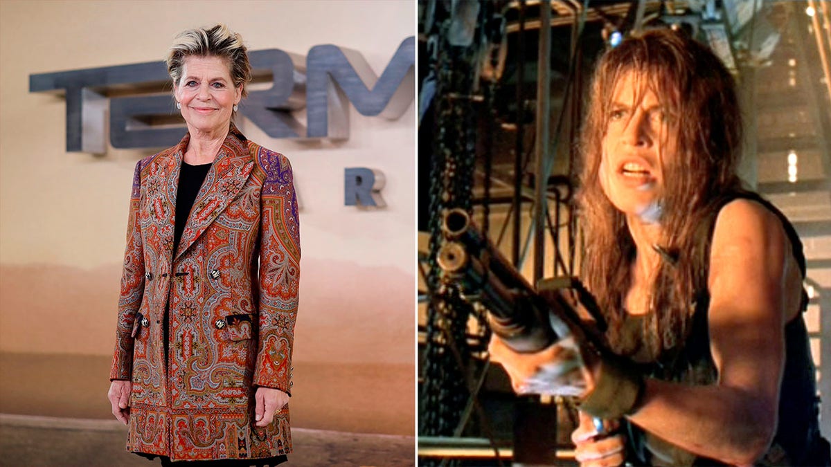 Side by side photos of Linda Hamilton on red carpet and in character in Terminator 2: Judgment Day