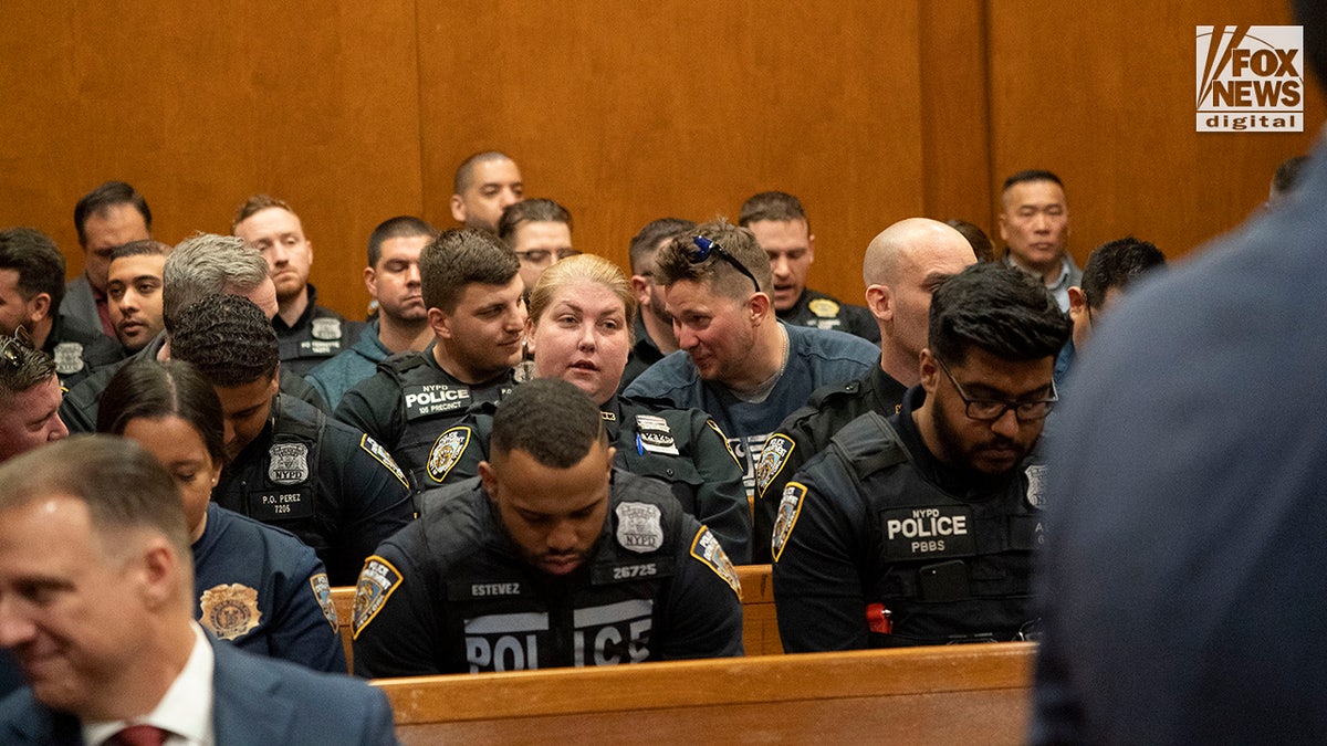 NYPD officers watch as Lindy Jones is arraigned in court in Queens