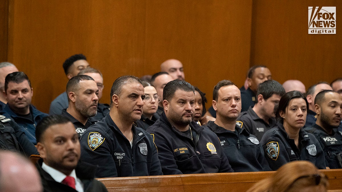 NYPD officers watch as Lindy Jones is arraigned in court in Queens