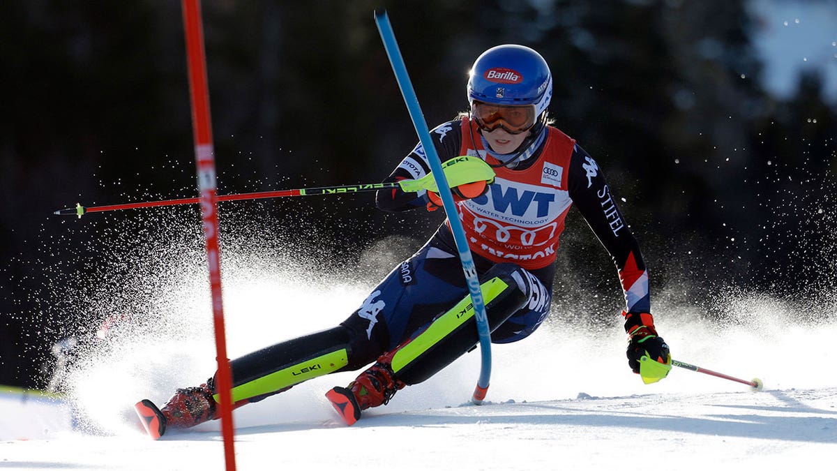 Mikaela Shiffrin of Team United States in action during the Audi FIS Alpine Ski World Cup Women's Slalom on November 26, 2023 in Killington, Vermont.