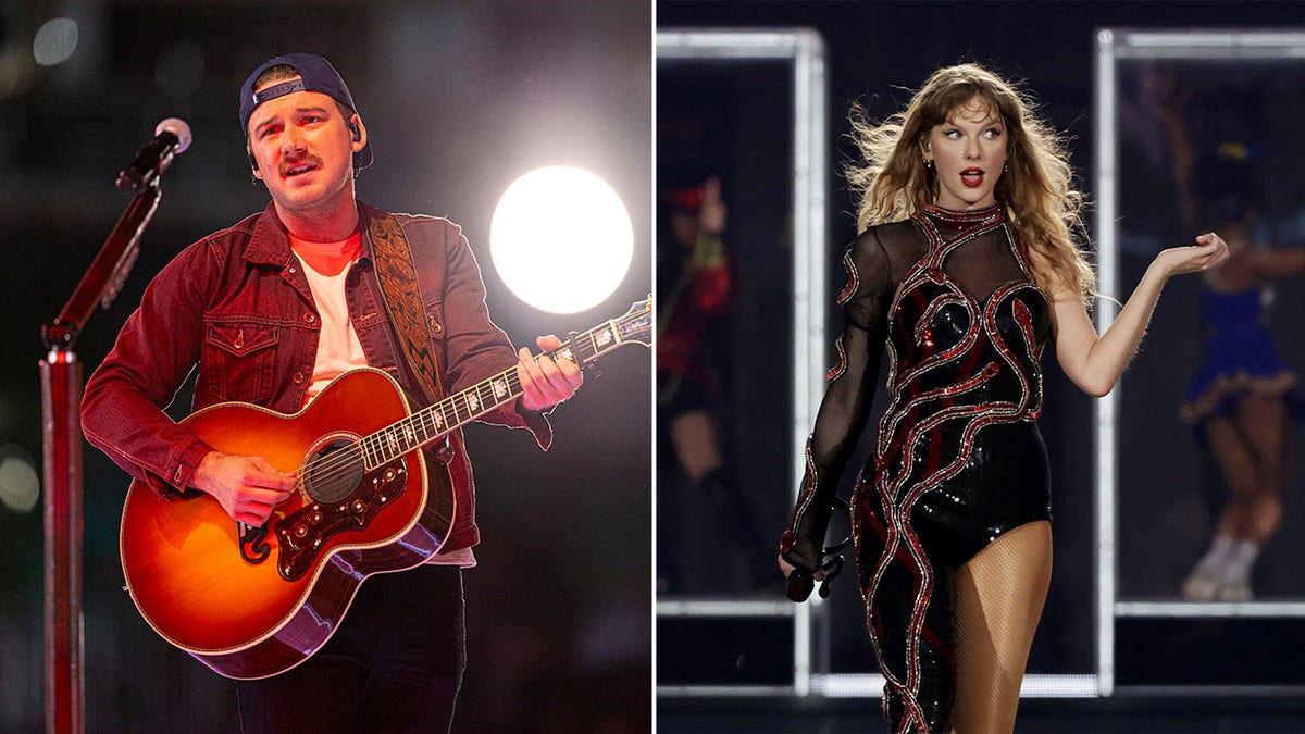 Side by side photos of Morgan Wallen and Taylor Swift