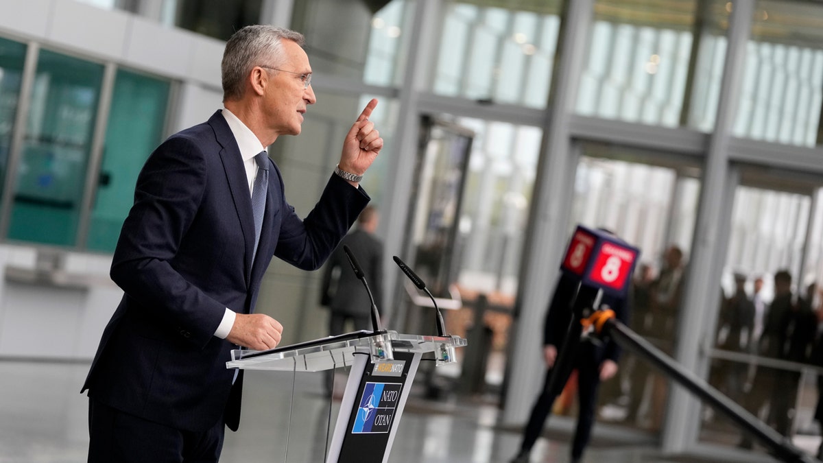 NATO Secretary General Jens Stoltenberg speaking with the media