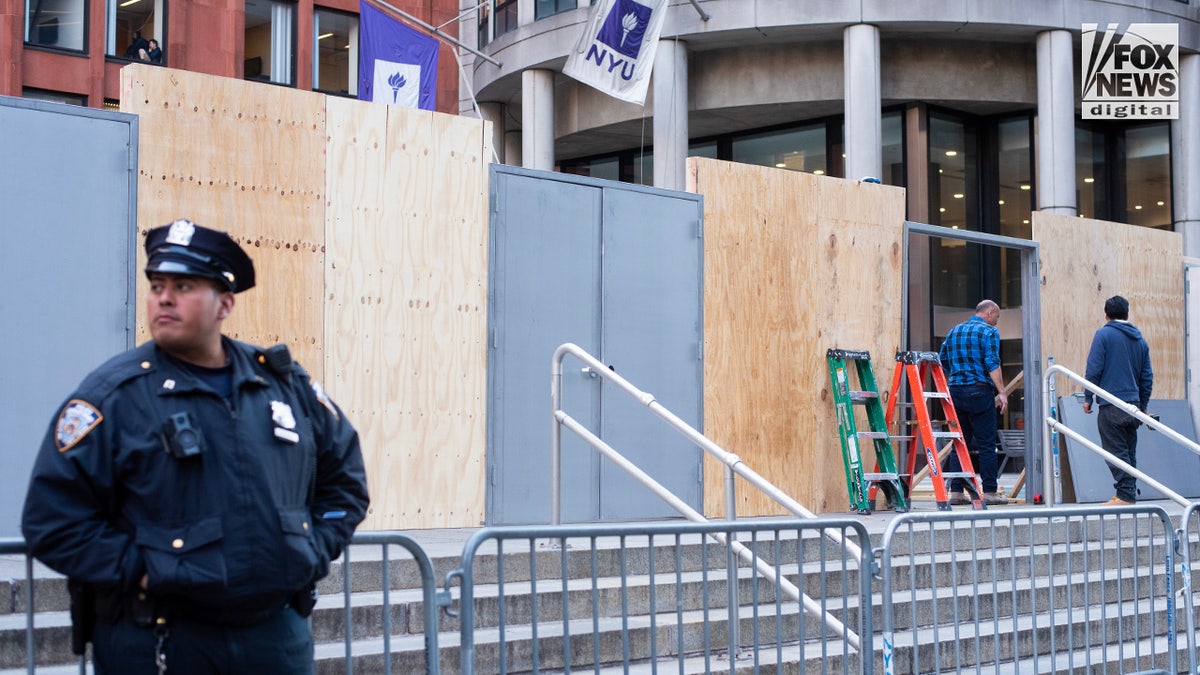 A barrier is constructed outside of New York University’s Stern School of Business