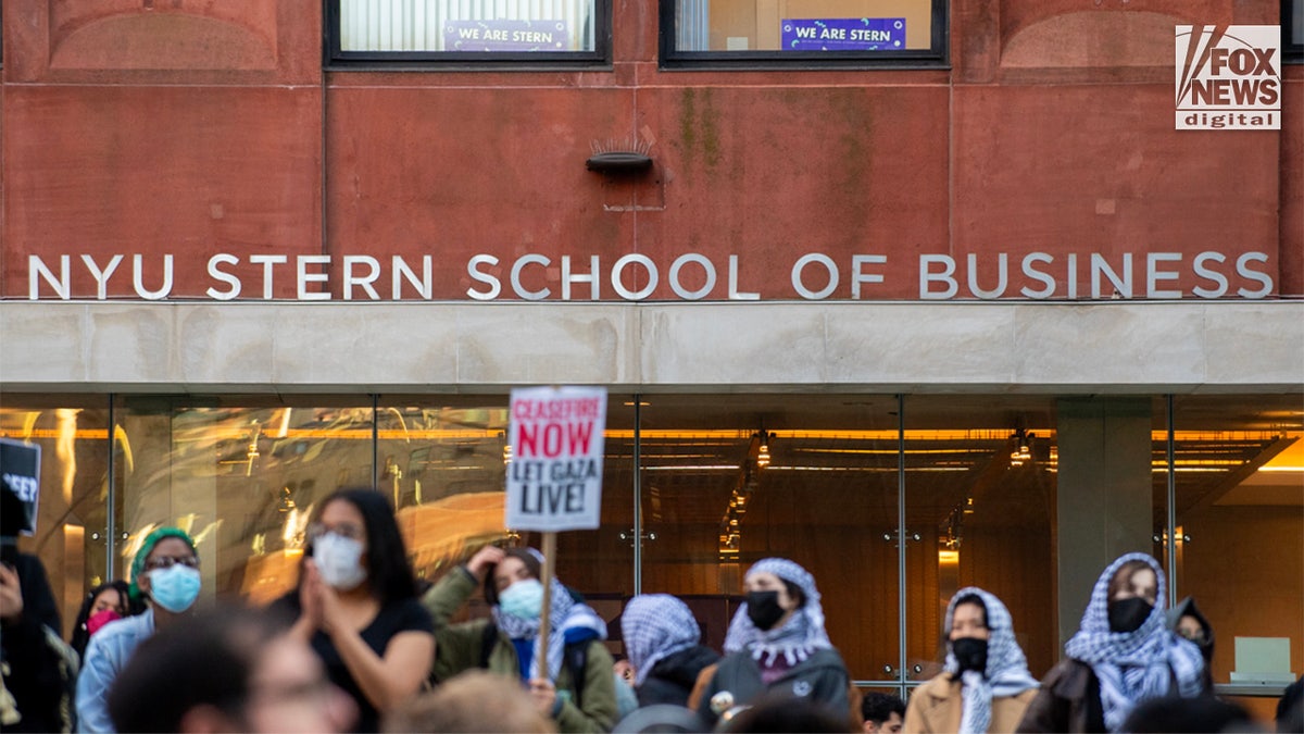 Hundreds of anti-Israel agitators stage a demonstration outside of NYU’s Stern School of Business in Manhattan