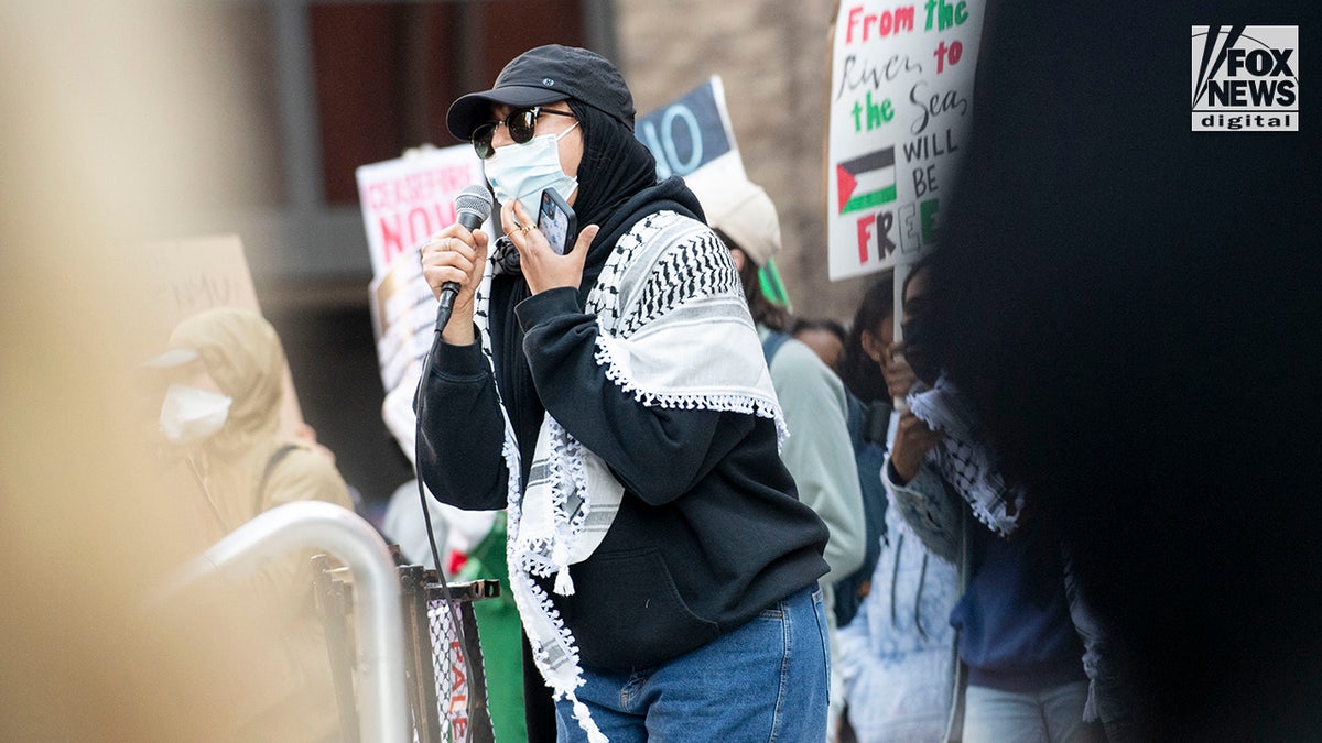 Hundreds of anti-Israel agitators stage a demonstration outside of NYU’s Stern School of Business in Manhattan