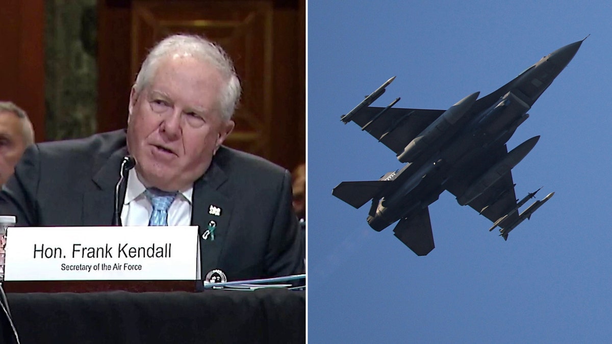 Split image of Air Force Secretary Frank Kendall and an F-16 jet