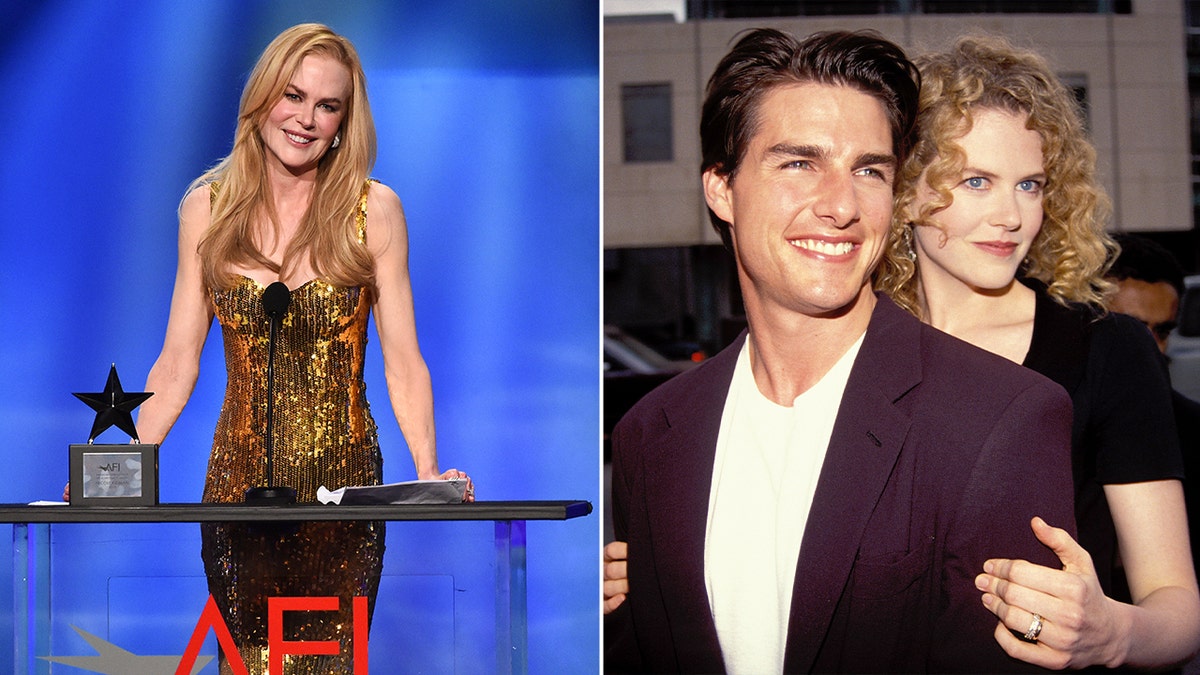 Side by broadside photos of Nicole Kidman pinch an older photograph of Tom Cruise pinch Nicole Kidman