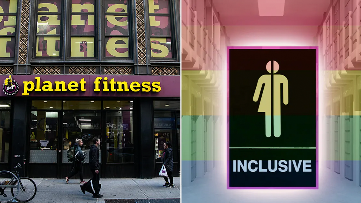 Two split collage of the outside of a Planet Fitness location on the left an all gender inclusive bathroom logo on the right.
