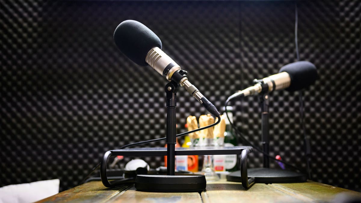 Podcast microphones stands are seen in a recording studio.
