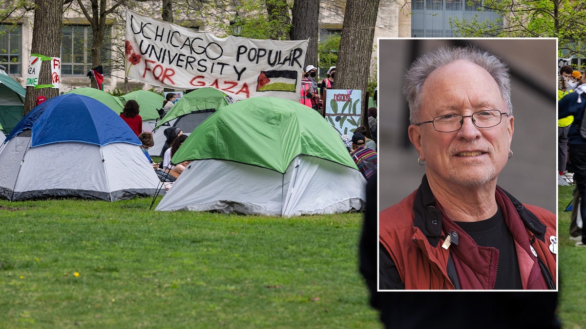 right inset: Bill Ayers; main photo: Chicago protest encampment