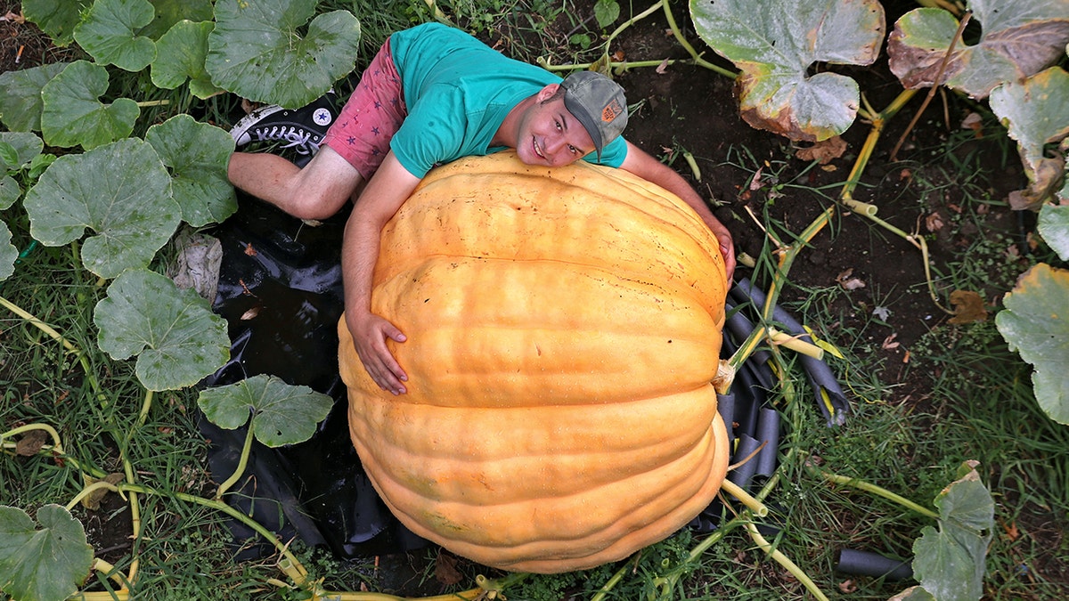 Man with giant pumpkin