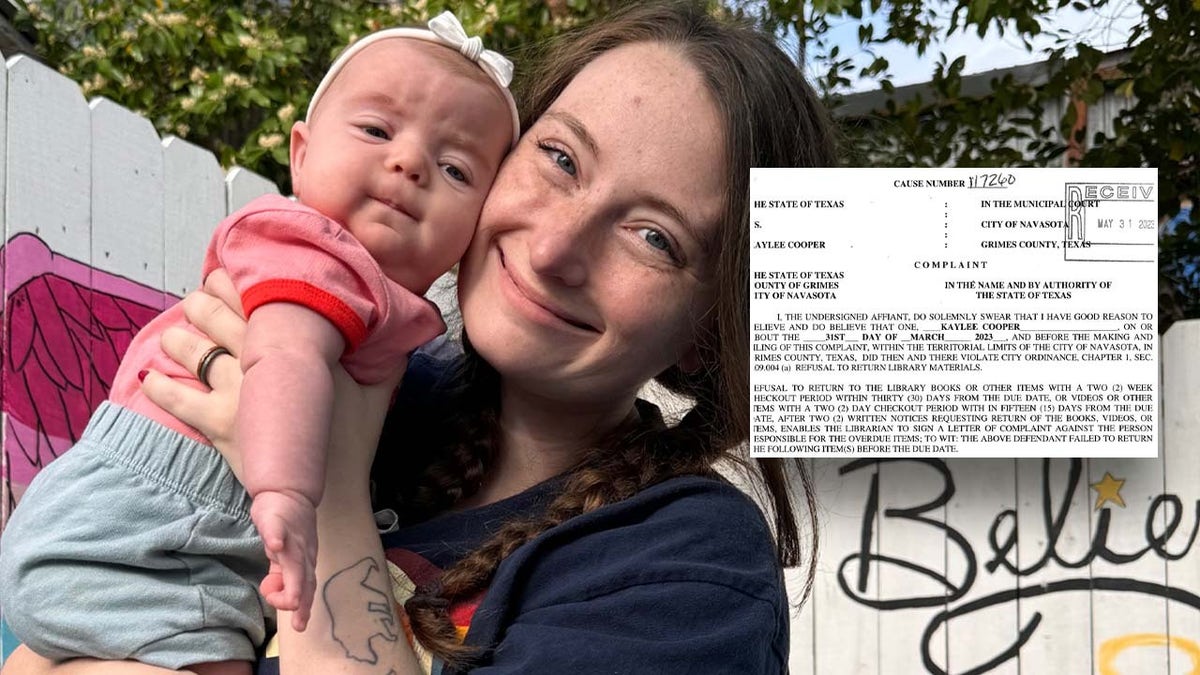 Split image of Kaylee holding her babe and tribunal document