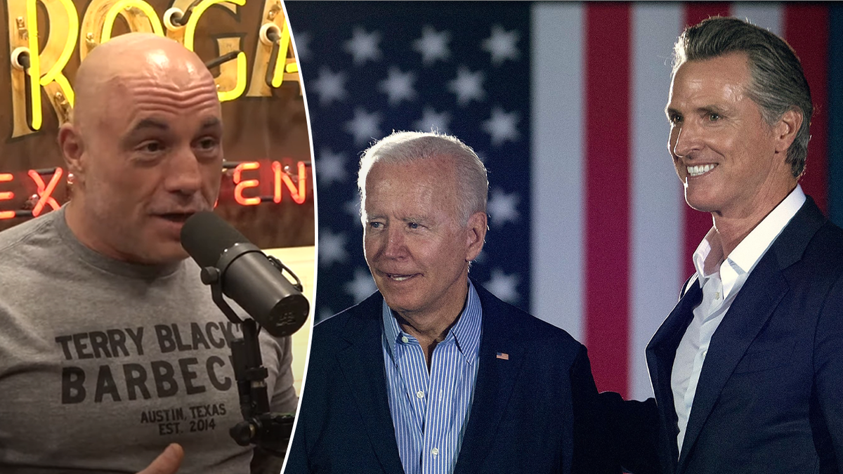 Rogan on his podcast and a photo of Newsom and Biden