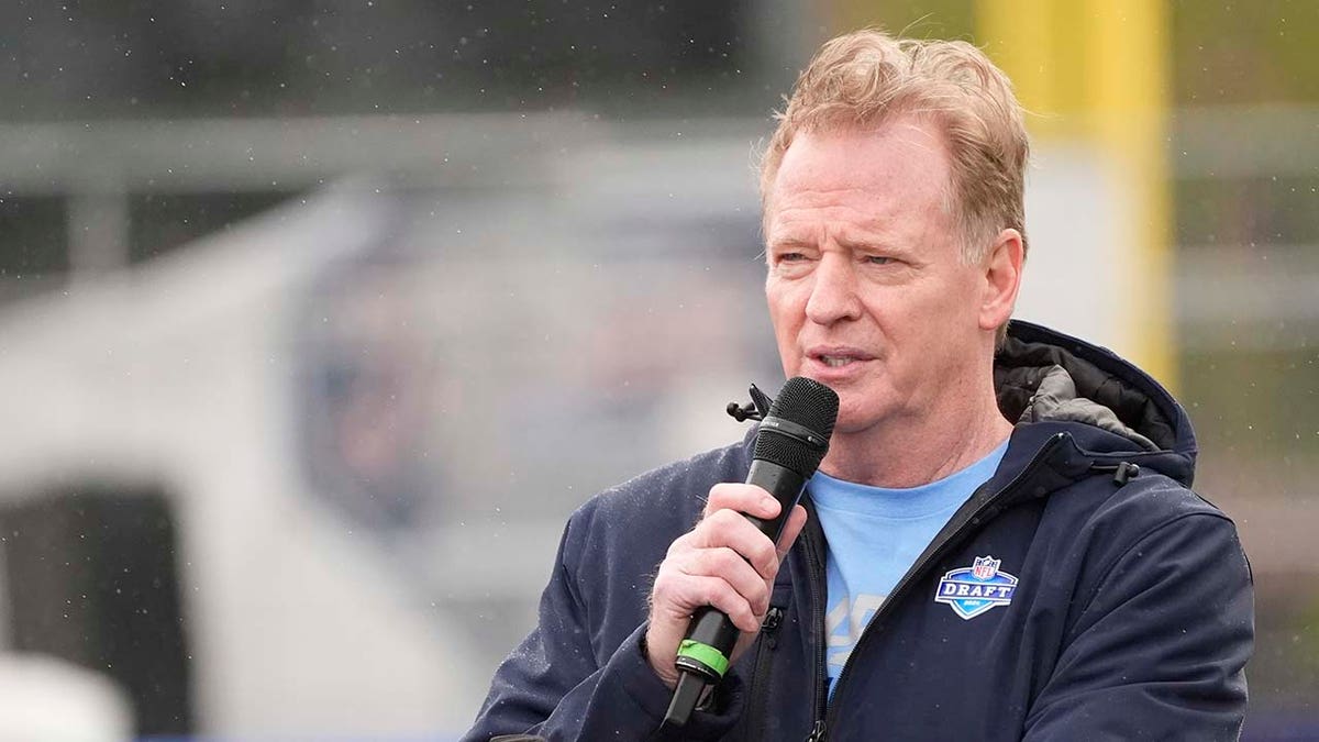 NFL Commissioner Roger Goodell addresses the crowd before the start of a Play Football Prospect Clinic with Special Olympics athletes, Wednesday, April 24, 2024, in Detroit. 