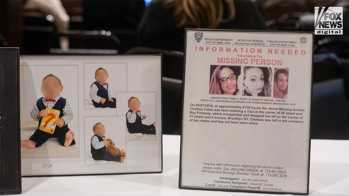 Chelsea Cobo is pictured pinch her boy adjacent to her missing personification flyer astatine nan Hamptons Whodunnit Conference successful Southampton