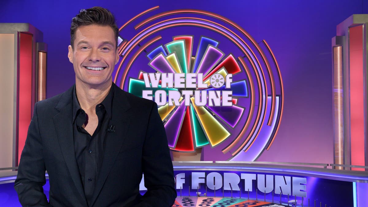 Ryan Seacrest in front of Wheel of Fortune set in illustrated image