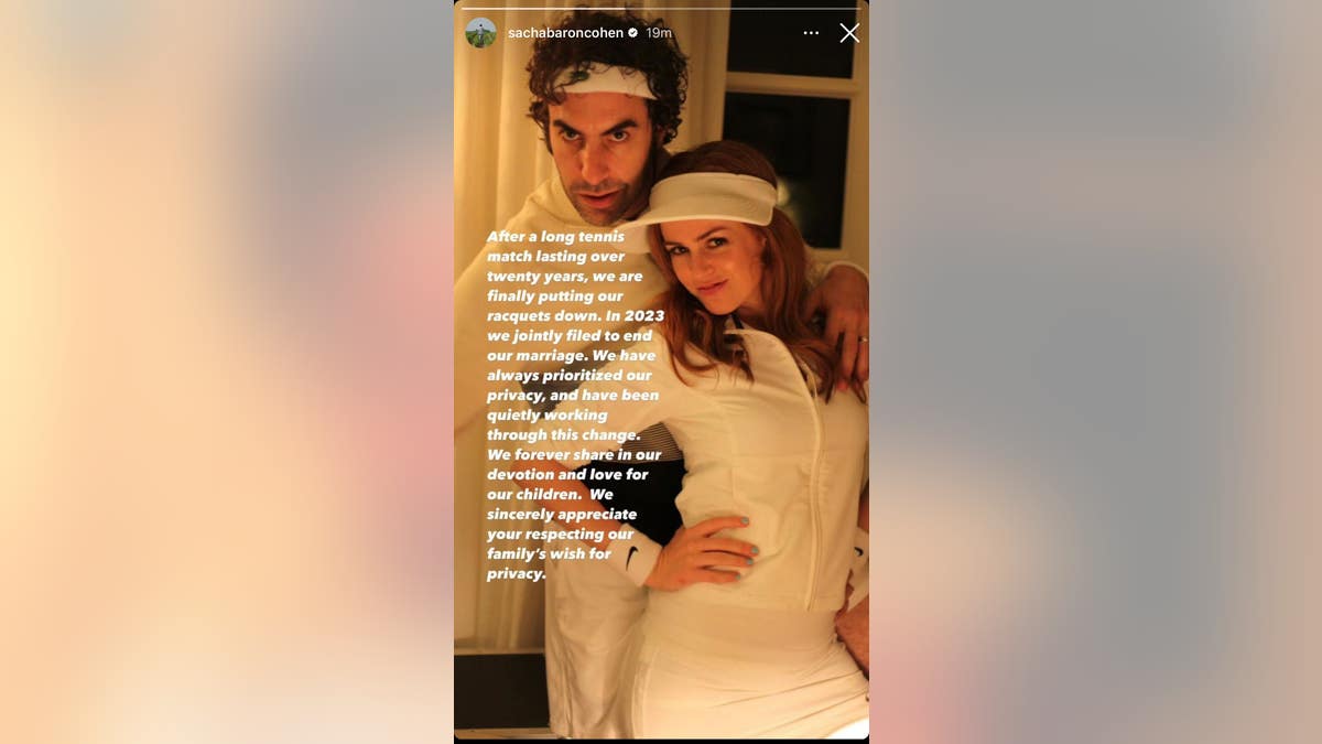 Sacha Baron Cohen Instagram story post announcing split from wife Isla Fisher