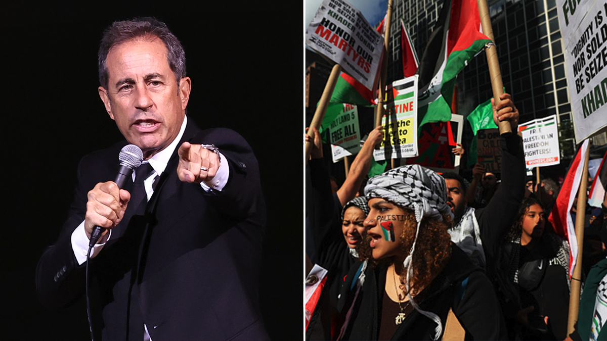 Jerry Seinfeld pointing next to pro-Palestinian protests
