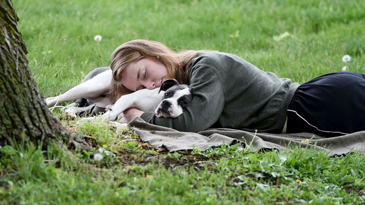 A woman and her dog nap between rain showers at Schenley Park in Pittsburgh