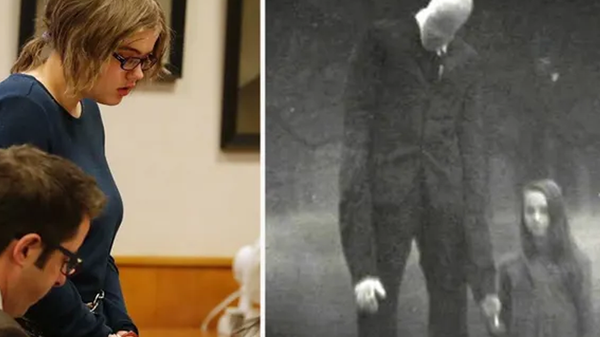 Morgan Geyer, at 15, in court (R) Fictional "Slender man" (L)