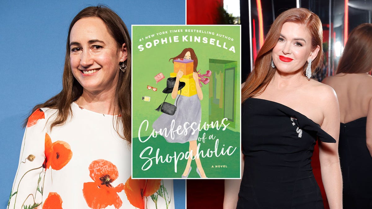 Fotos lado a lado de Sophie Kinsella e Isla Fisher com uma inserção da capa do livro Confissões de um Shopaholic sobre elas