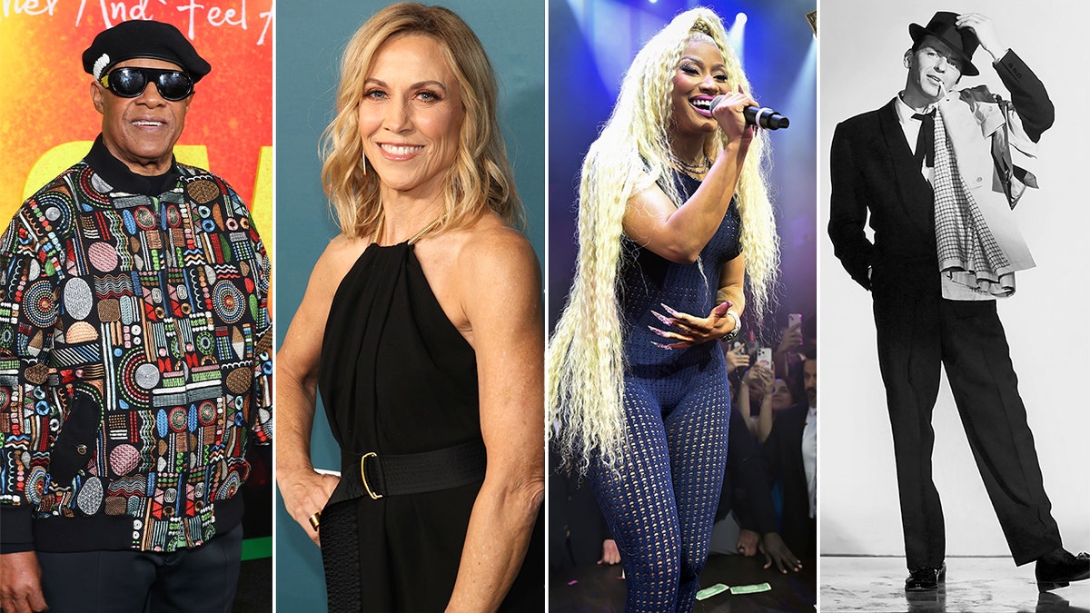 Side by side photos of Stevie Wonder, Sheryl Crow, Nicki Minaj and Frank Sinatra