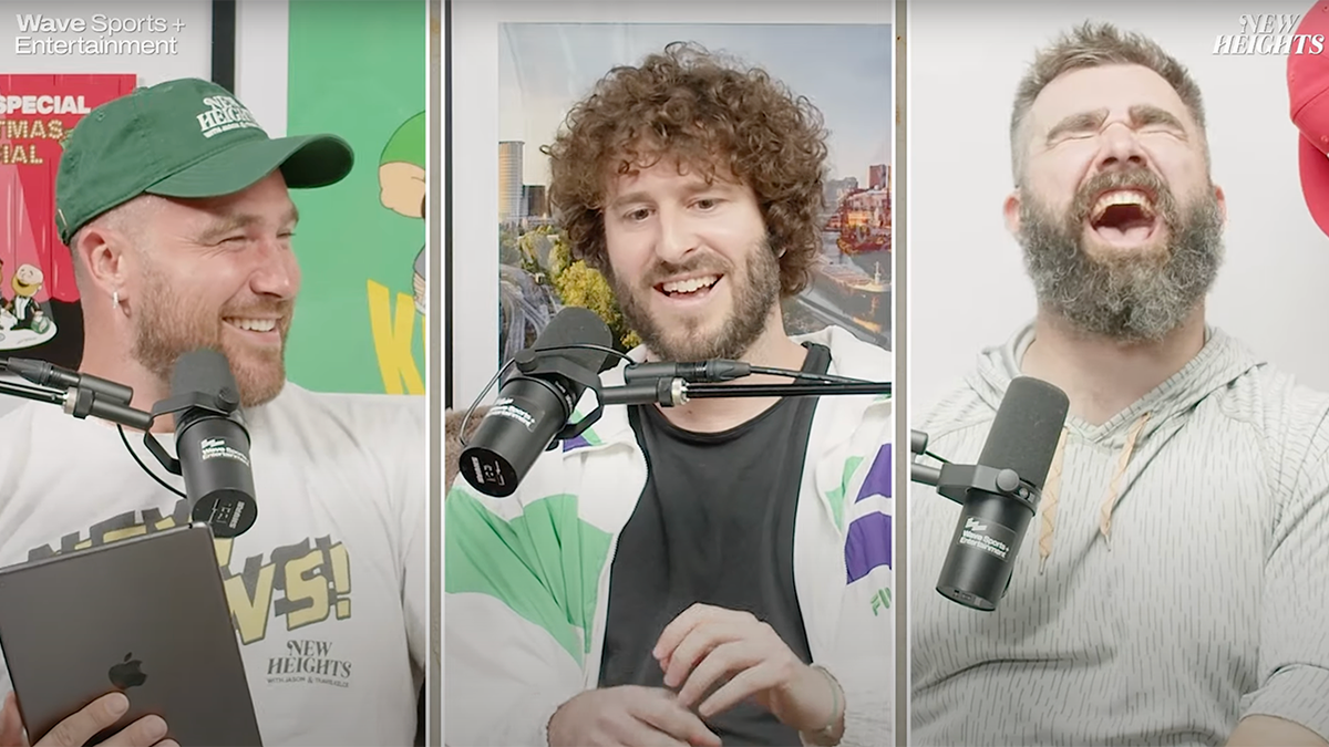 A three-split screen of Travis Kelce, Lil Dicky, and Jason Kelce on the "New Heights" podcast
